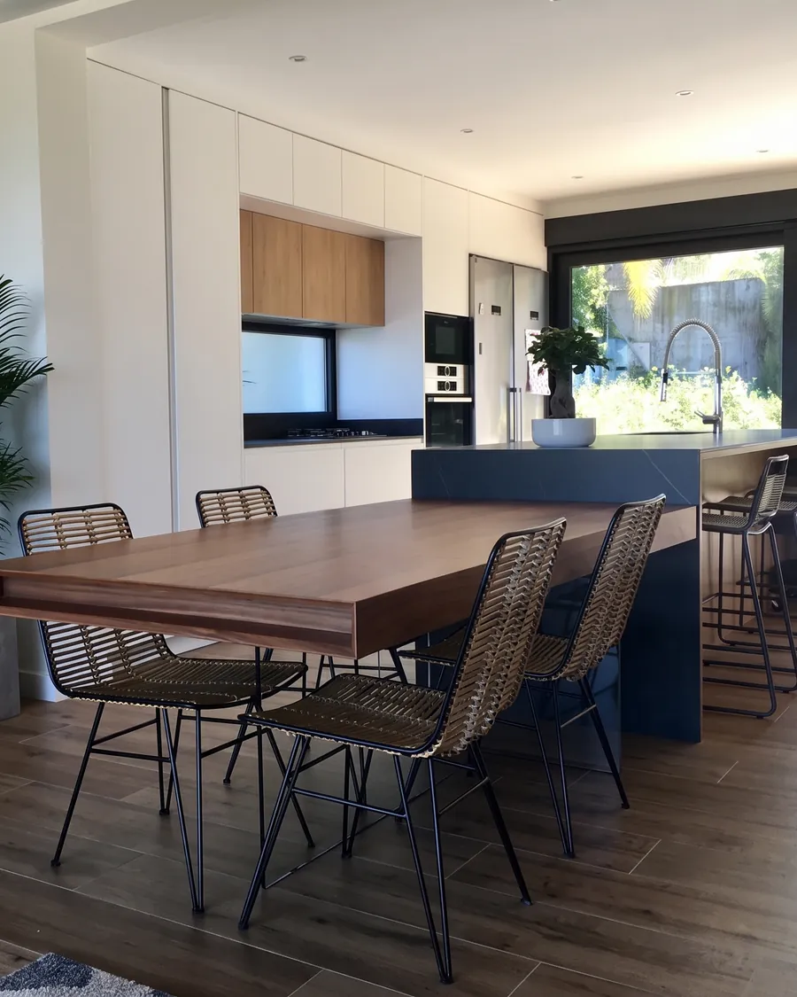 Cocina blanca con península de mesa de nogal y sillas de ratán