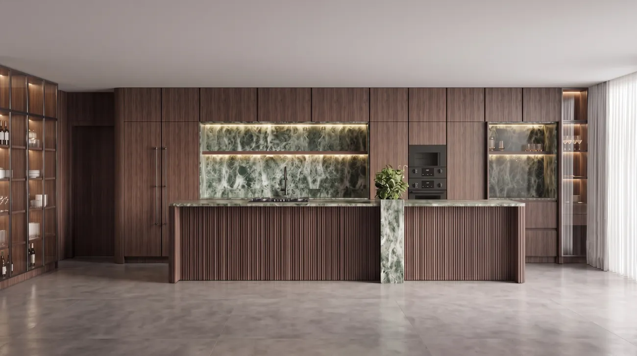 Cocina en nogal con encimera de piedra natural verde e isla