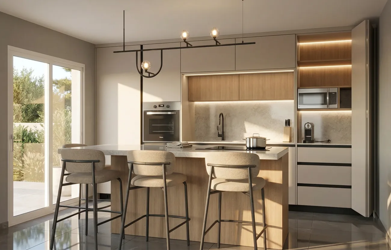 Cocina con isla en madera y muebles altos a techo
