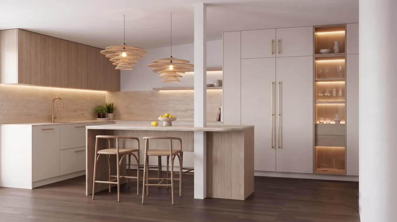 Cocina en roble claro con isla y herrajes en latón